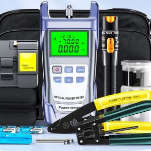 Fiber optic termination tool kit with cleaver, power meter, and fault locator for fiber cable installation, testing, and maintenance in Lusaka, Zambia.