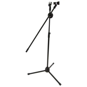 Tripod two microphone stand with dual adjustable boom arms, supporting up to 62° angle adjustment, designed for studio, podcasting, and live sound use.