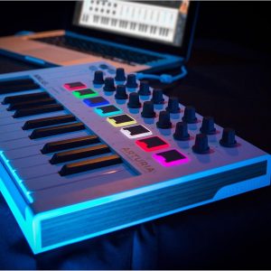 Arturia MiniLab MkII 25-key USB MIDI controller with 8 RGB pads for music production, beat making, and studio recording on Mac and Windows.