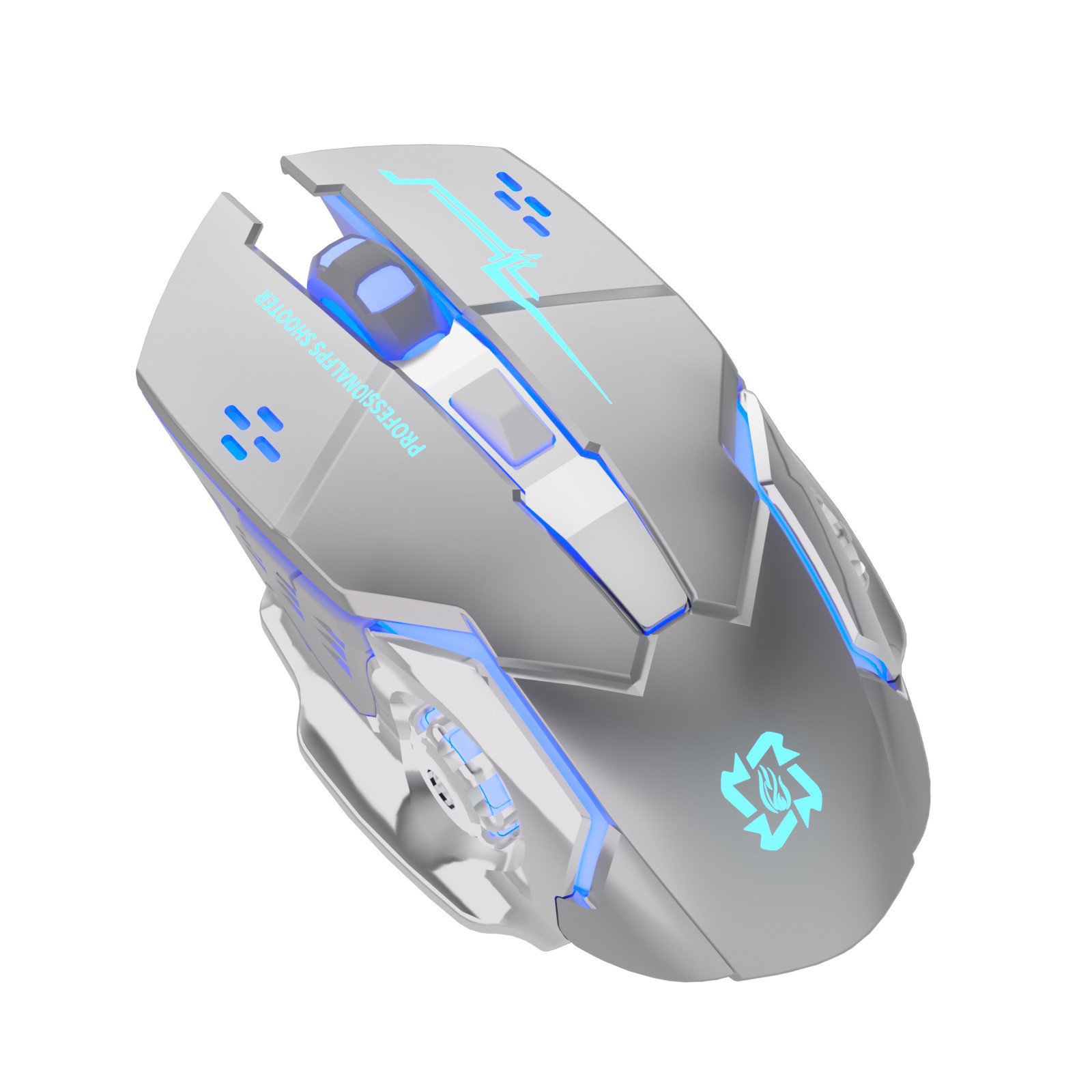 Grey wireless rechargeable FPS gaming mouse with auto-interchanging RGB LED lighting for smooth and precise gaming performance