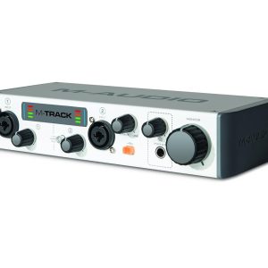M-Audio M-Track II portable USB audio interface for music recording, podcasting, and studio production setup.