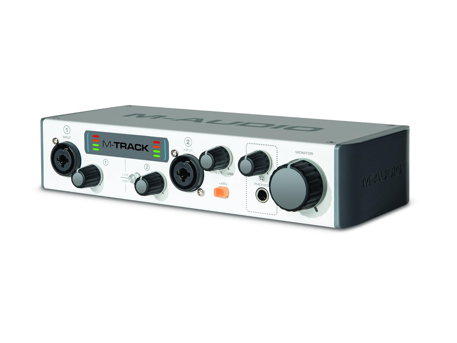 M-Audio M-Track II portable USB audio interface for music recording, podcasting, and studio production setup.