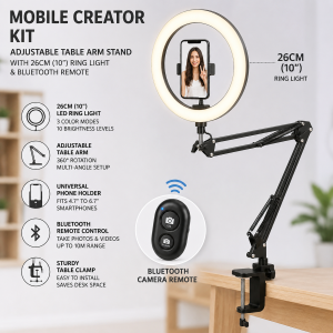 Mobile phone adjustable table arm stand with 26cm (10-inch) ring light and Bluetooth camera remote for content creators in Lusaka Zambia