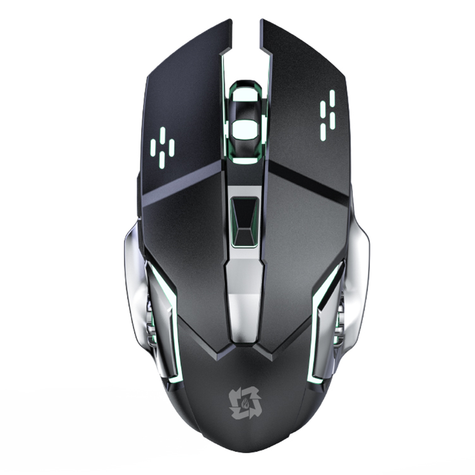 Black wireless rechargeable FPS gaming mouse with auto-interchanging RGB LED lighting for gaming performance