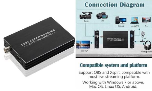 SDI capture card USB 3.0 with HDMI loop out supporting 1080P 60FPS video capture for live streaming, recording, and broadcasting in Lusaka, Zambia