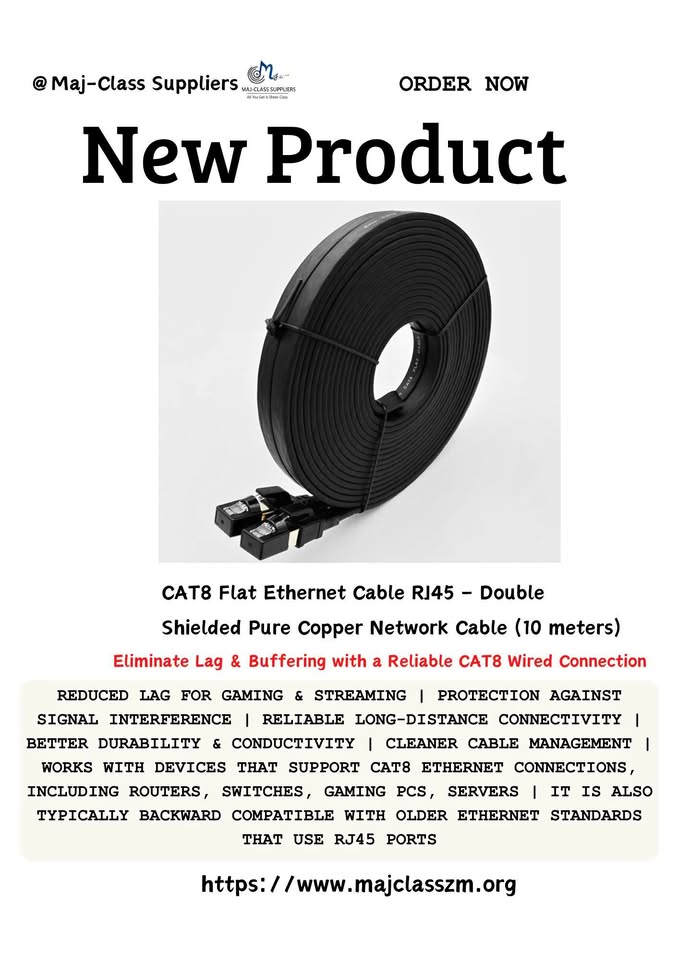 CAT8 flat Ethernet cable RJ45 10 meter double shielded pure copper network cable for stable high-speed internet in Lusaka Zambia