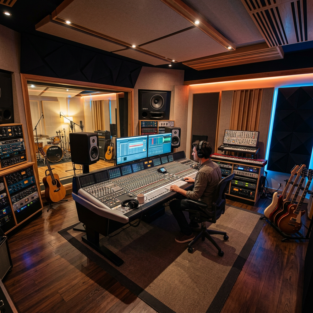 Audio engineer using mixing console and computer screens in music production studio