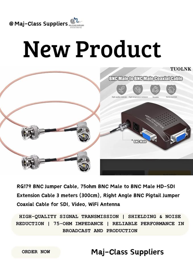 RG179 BNC jumper cable 3m 75 ohm male to male HD-SDI coaxial cable for CCTV video, broadcasting, and WiFi antenna use in Lusaka Zambia