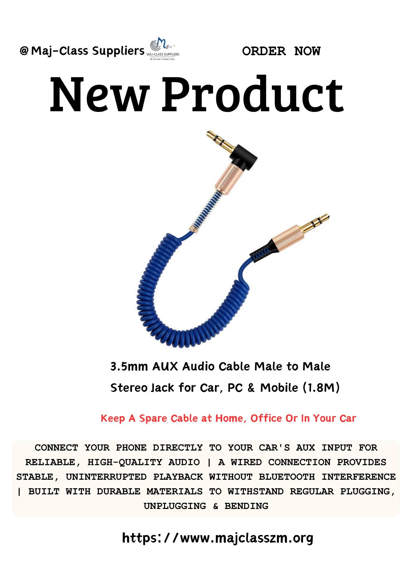3.5mm AUX audio cable 1.8m male to male for connecting phones, PCs, and car audio systems for clear sound transmission in Lusaka, Zambia.