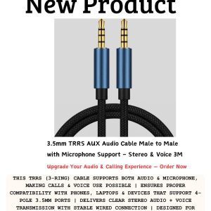 3.5mm TRRS AUX cable 3m male to male with 3 black rings supporting microphone and stereo audio for headsets, calls, gaming, and multimedia use in Lusaka, Zambia.