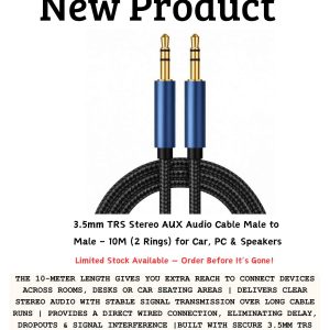 3.5mm TRS AUX audio cable 10m male to male stereo with 2 rings for connecting phones, PCs, speakers and car audio systems with long-distance clear sound in Lusaka, Zambia.