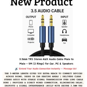 3.5mm TRS AUX audio cable 5m male to male stereo with 2 rings for connecting phones, PCs, speakers and car audio systems for clear sound in Lusaka, Zambia.