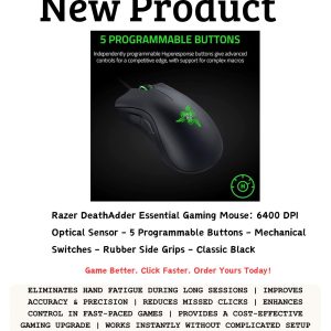 Razer DeathAdder Essential Gaming Mouse with 6400 DPI optical sensor, ergonomic design, and 5 programmable buttons in Lusaka, Zambia