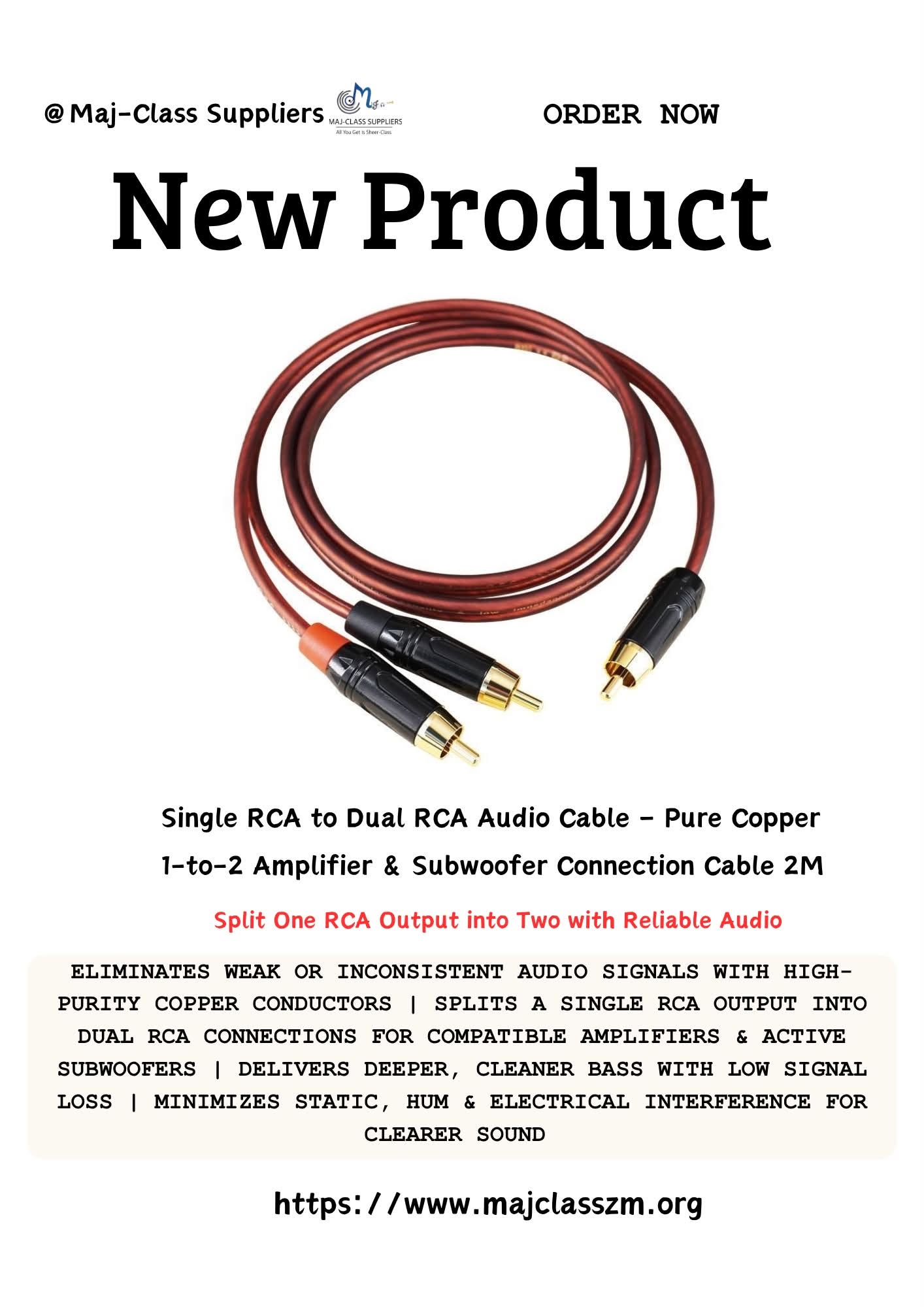 RCA Single to Dual RCA Audio Y Splitter Cable 2M made with pure copper for connecting amplifiers, subwoofers, speakers and home theater audio systems.