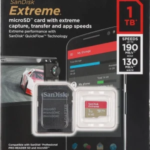SanDisk Extreme PRO 1TB microSDXC UHS-I memory card with SD adapter featuring 190MB/s read speed, U3, V30 and A2 ratings for 4K video recording, smartphones, cameras, drones and gaming devices.