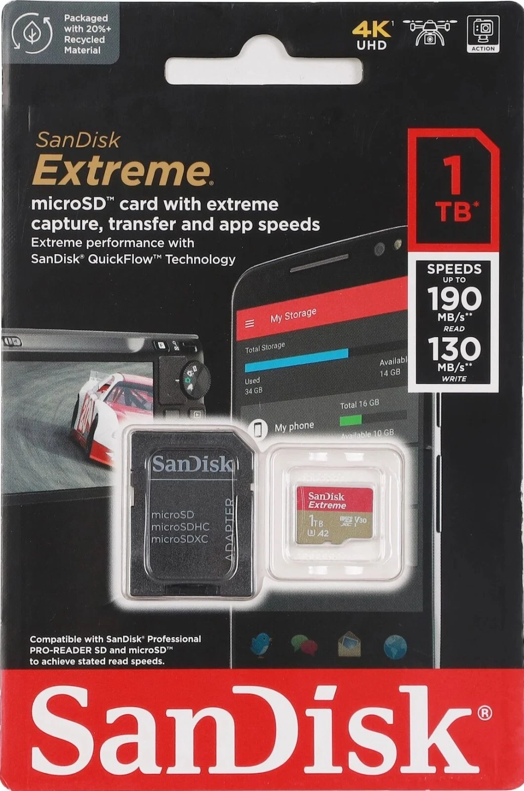 SanDisk Extreme PRO 1TB microSDXC UHS-I memory card with SD adapter featuring 190MB/s read speed, U3, V30 and A2 ratings for 4K video recording, smartphones, cameras, drones and gaming devices.