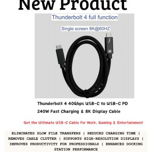 Thunderbolt 4 USB-C to USB-C cable supporting 40Gbps data transfer, 240W fast charging and 8K display output for laptops, monitors and compatible devices in Lusaka, Zambia.