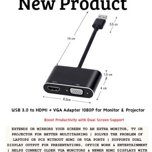 USB 3.0 to HDMI + VGA Adapter 1080P for connecting a Windows PC or laptop to an HDMI monitor, VGA monitor, projector, or dual-display setup in Lusaka, Zambia.