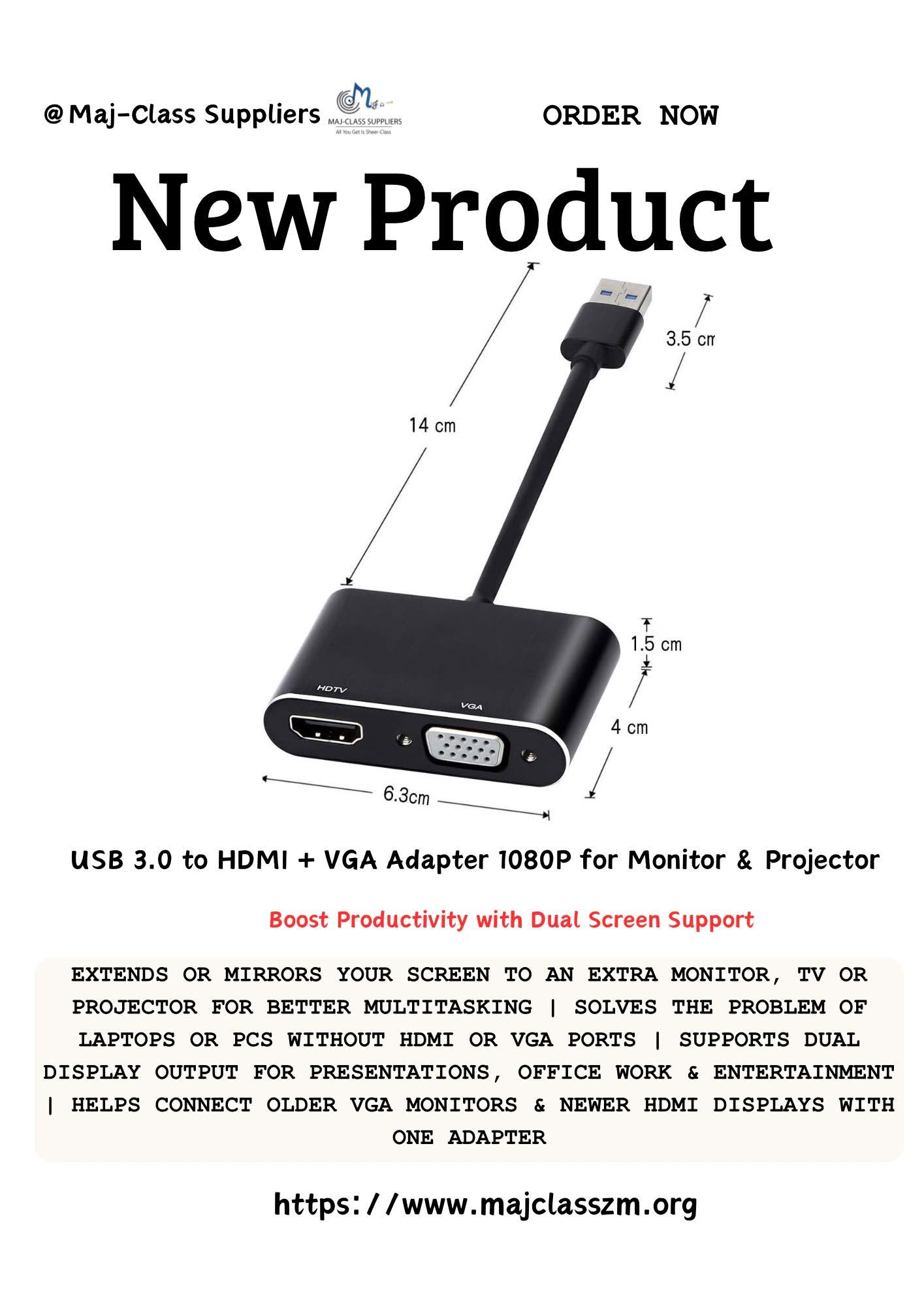 USB 3.0 to HDMI + VGA Adapter 1080P for connecting a Windows PC or laptop to an HDMI monitor, VGA monitor, projector, or dual-display setup in Lusaka, Zambia.