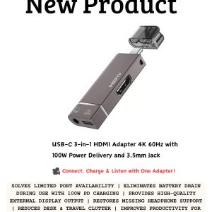 USB-C 3-in-1 HDMI adapter with 4K 60Hz output, 100W Power Delivery charging, and 3.5mm audio jack for laptops, monitors, and USB-C devices in Lusaka, Zambia.