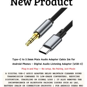 USB-C to 3.5mm audio adapter cable 2m with digital DAC chip for Android phones, connecting headphones, speakers and car AUX systems in Lusaka, Zambia.