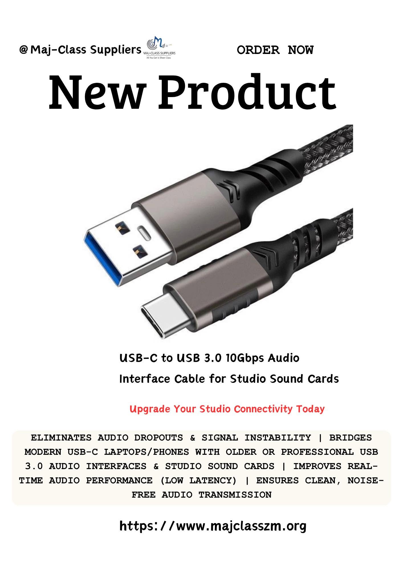 USB-C to USB 3.0 10Gbps audio interface cable for connecting sound cards, mixers, and audio devices for music recording and studio use in Lusaka, Zambia.