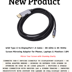 USB Type-C to DisplayPort 1.4 Cable 1.8M supporting 8K 60Hz and 4K 144Hz screen mirroring for laptops, phones and monitors